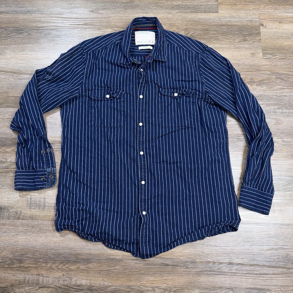 Splash Brand Shirt Mens Large Long Sleeve Denim Blue White Pinstripes Slim Fit